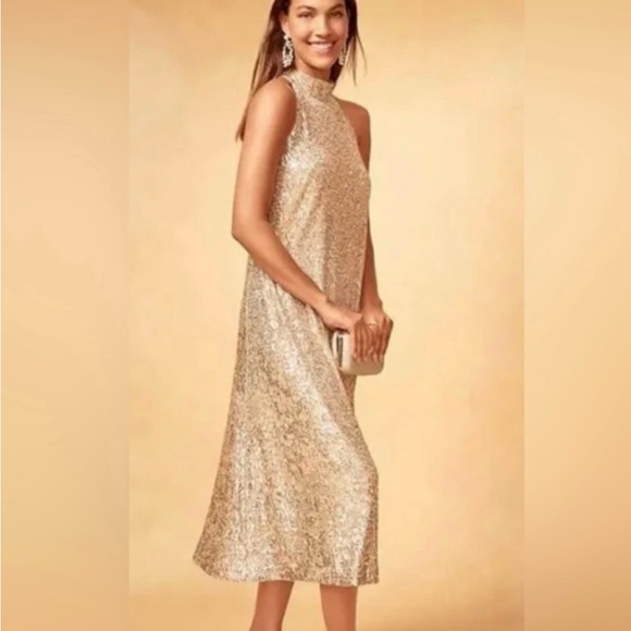 New-Ann Taylor Gold Sequin Midi Dress - Picture 4 of 7